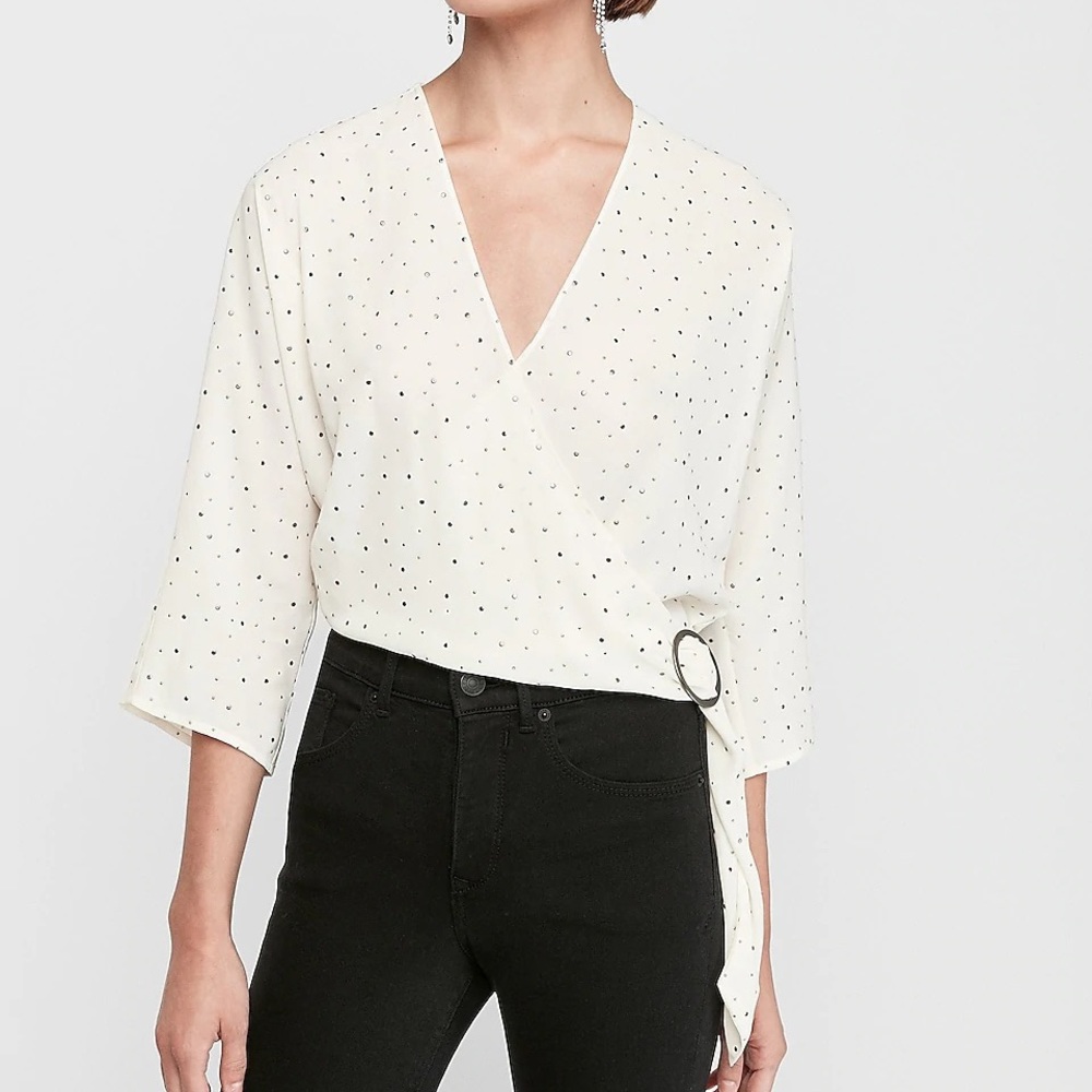 Express Metallic Dot Wrap Front Buckle Top